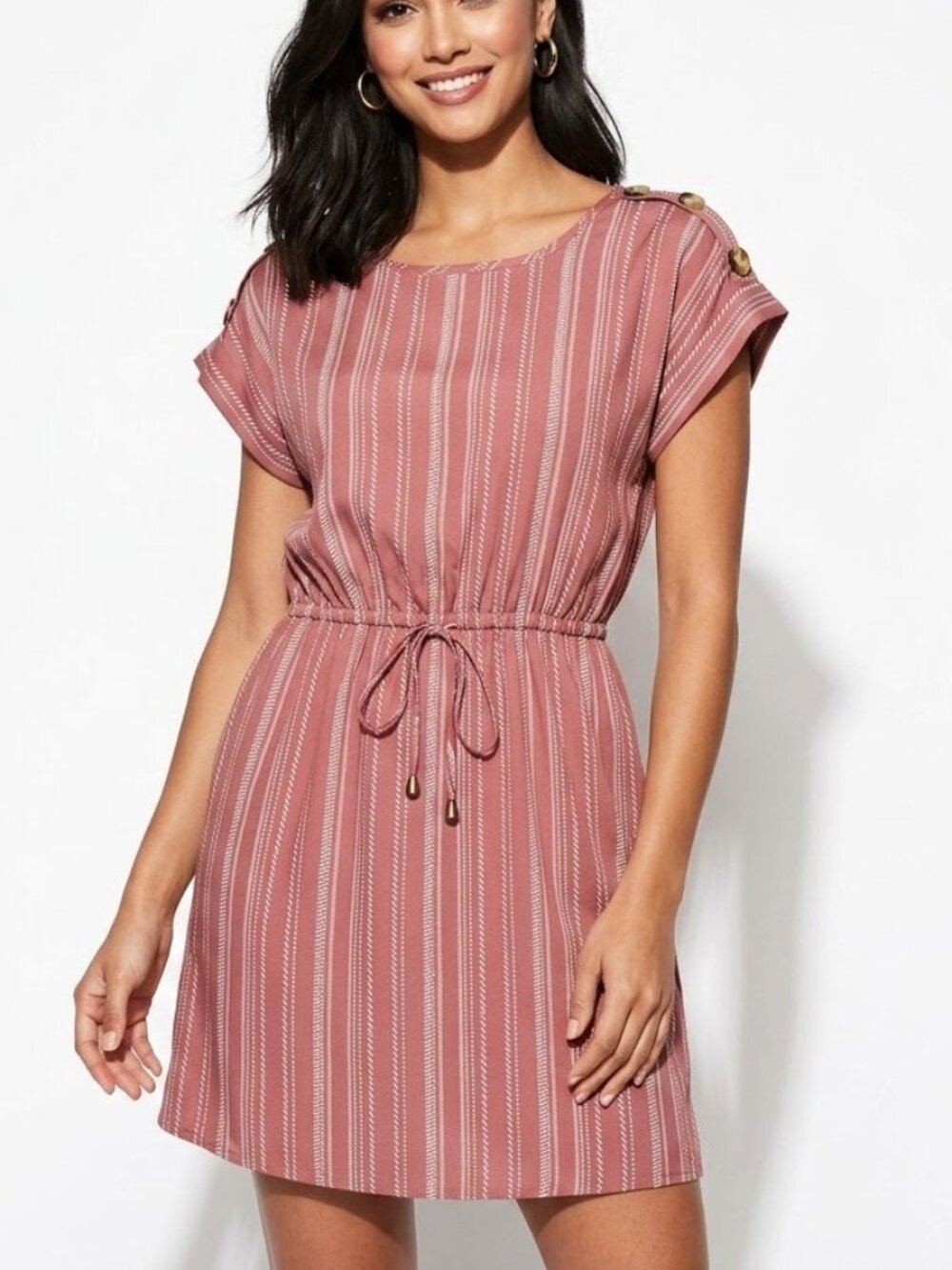 Hint of Blush Pink Striped Boho Mini Dress Small Tribal Print Button Shoulder S